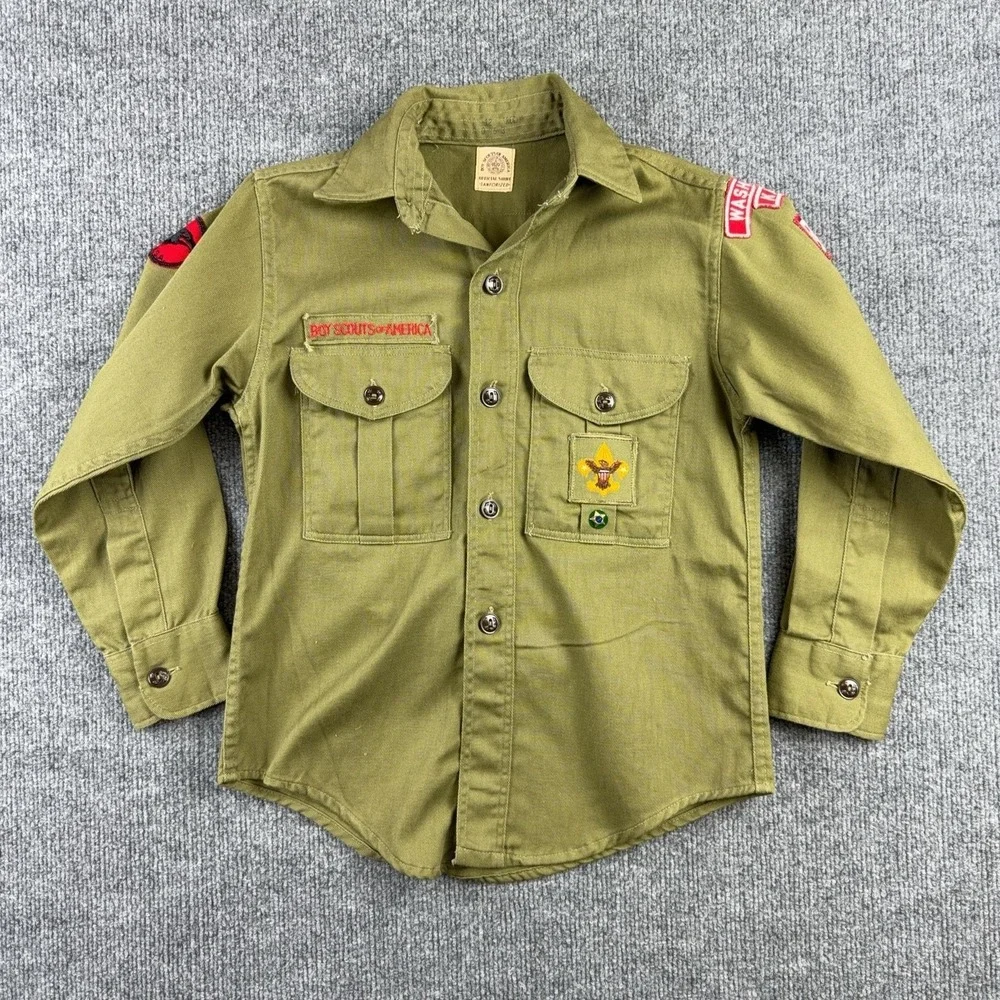 Vintage Boy Scouts Of America Shirt Boys Medium Green Uniform Twill Patches